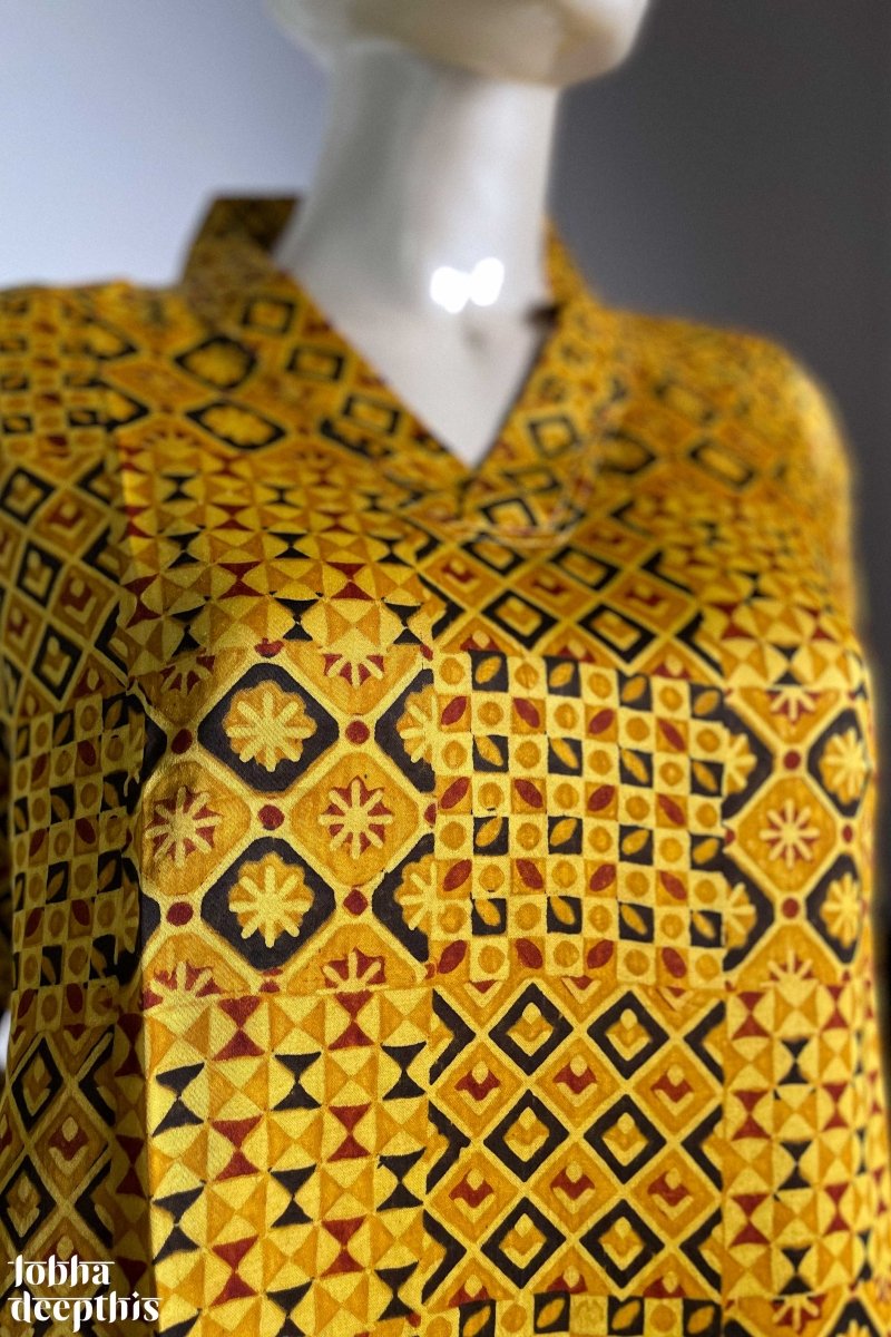 Yellow Ajrakh Mosaic Modal Collar Kurta - Lobha Deepthis