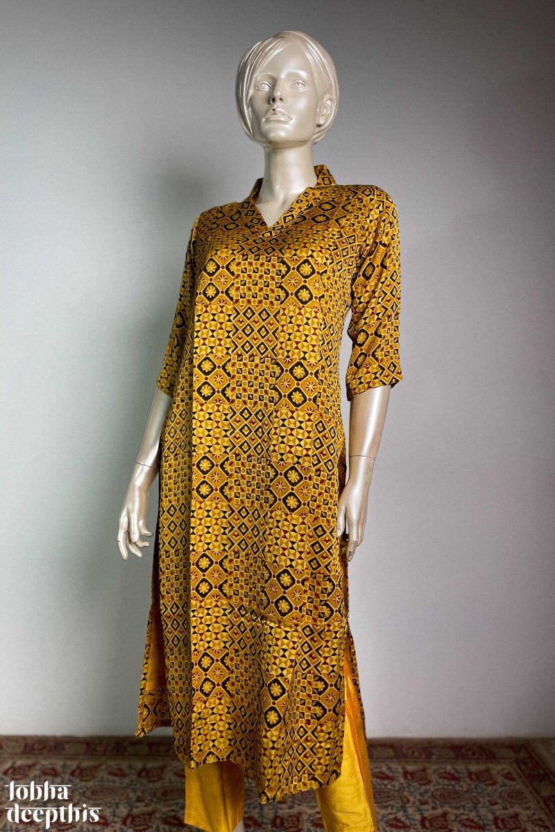 Yellow Ajrakh Mosaic Modal Collar Kurta - Lobha Deepthis