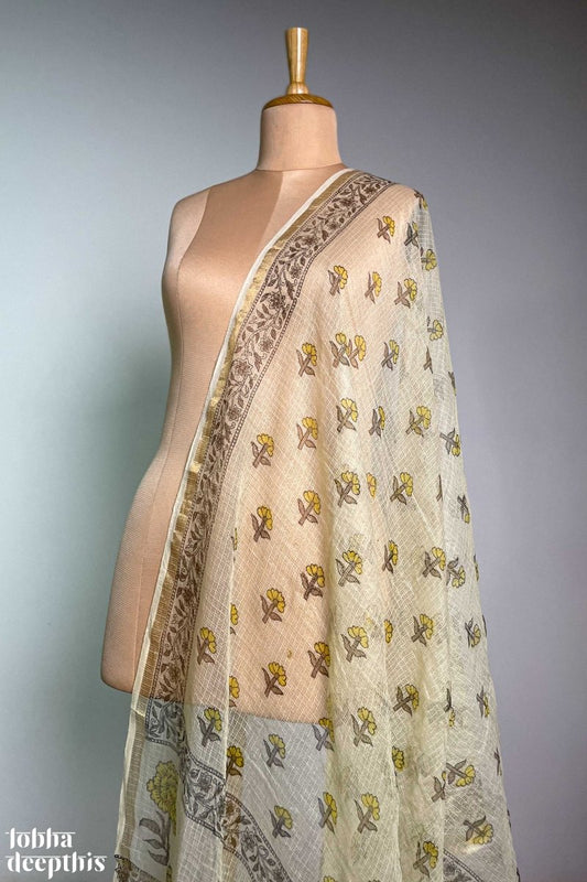 Yellow Florets on Cream Sanganeri Kota Doria Dupatta - Lobha Deepthis