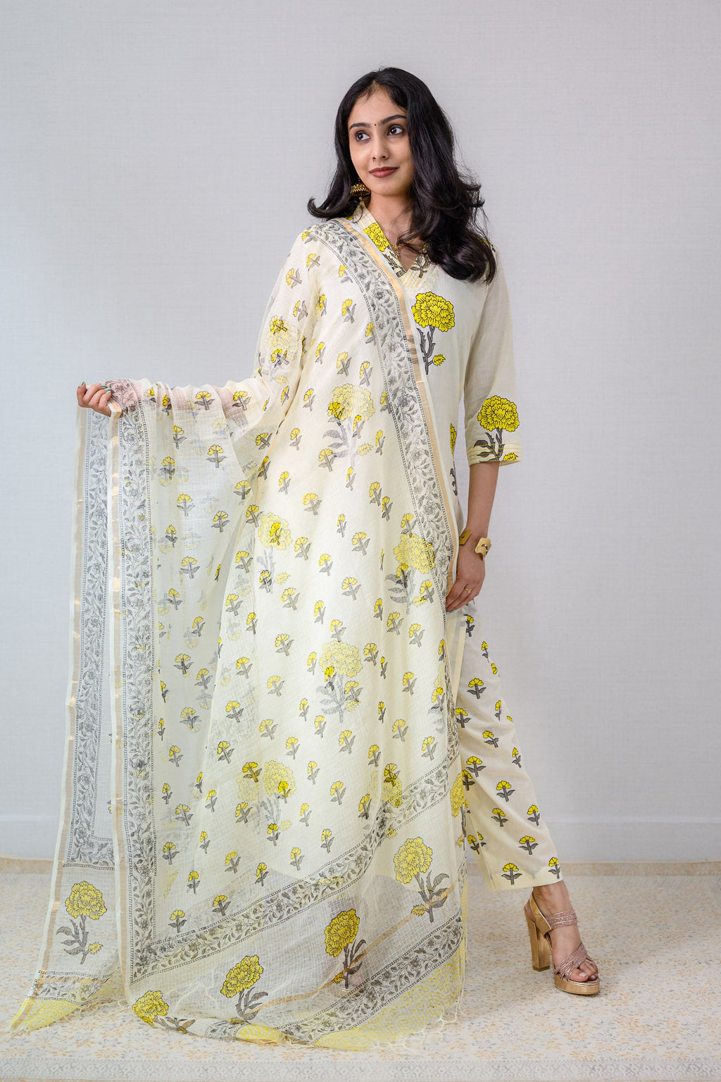 Yellow Florets on Cream Sanganeri Kota Doria Dupatta - Lobha Deepthis