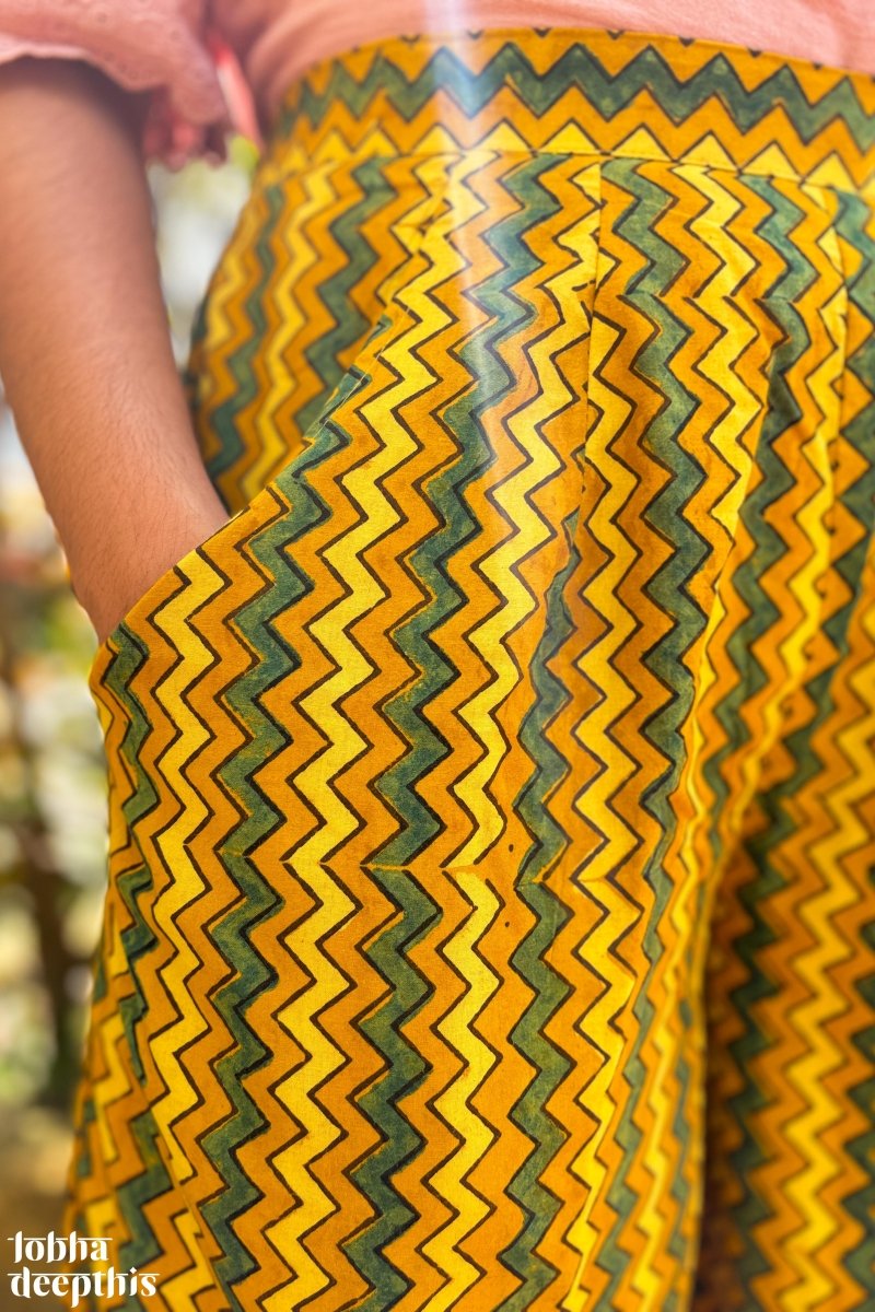 Yellow - Green Zig Zag Ajrakh Short Palazzo - Lobha Deepthis