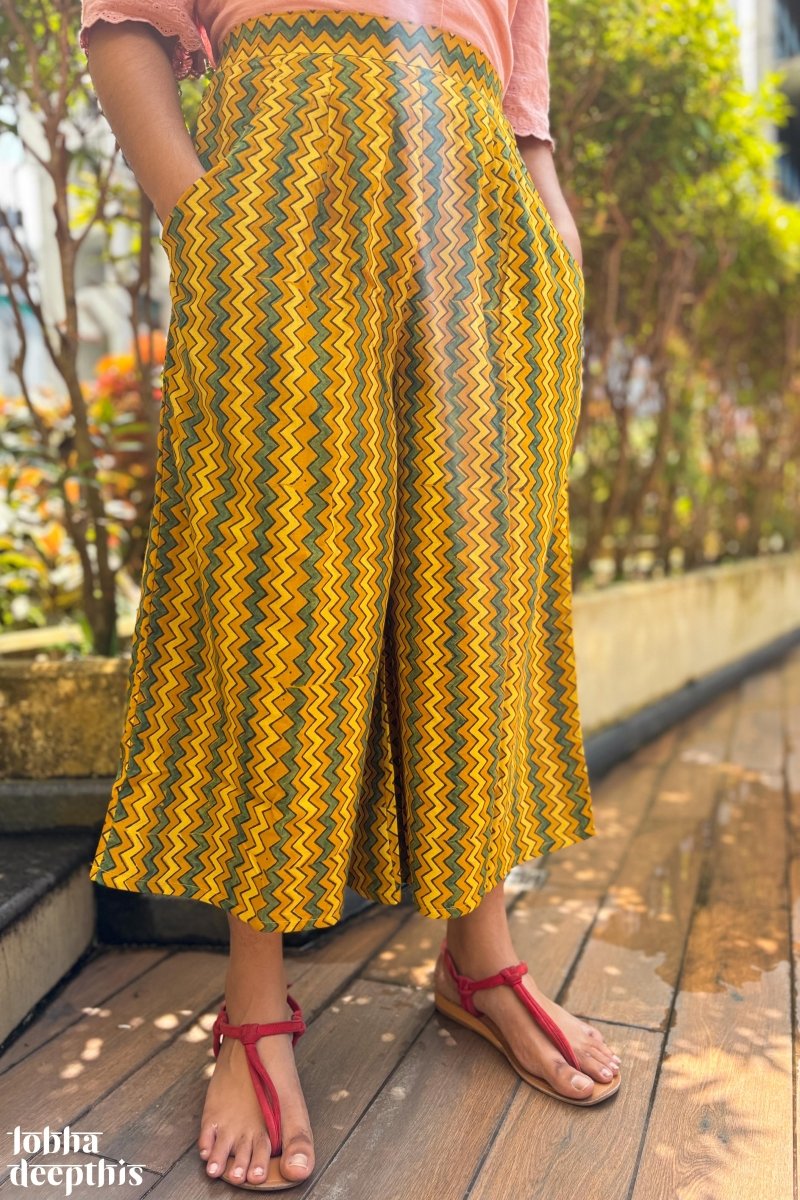 Yellow - Green Zig Zag Ajrakh Short Palazzo - Lobha Deepthis