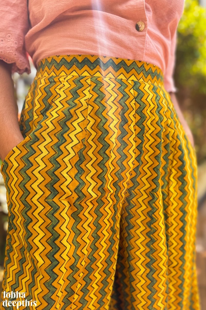 Yellow - Green Zig Zag Ajrakh Short Palazzo - Lobha Deepthis