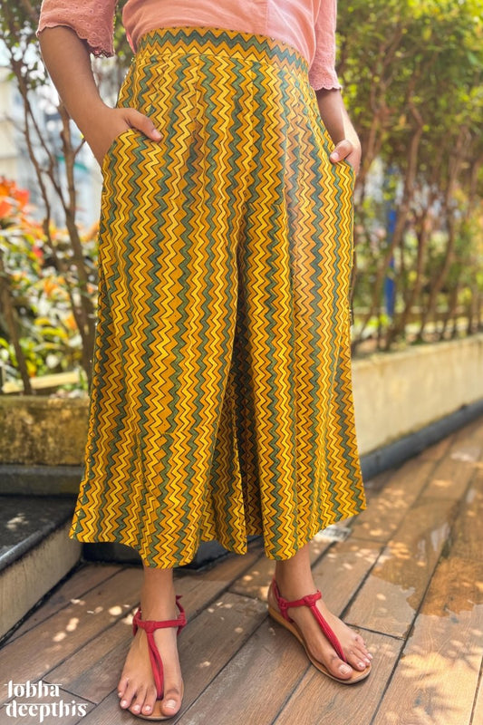 Yellow - Green Zig Zag Ajrakh Short Palazzo - Lobha Deepthis