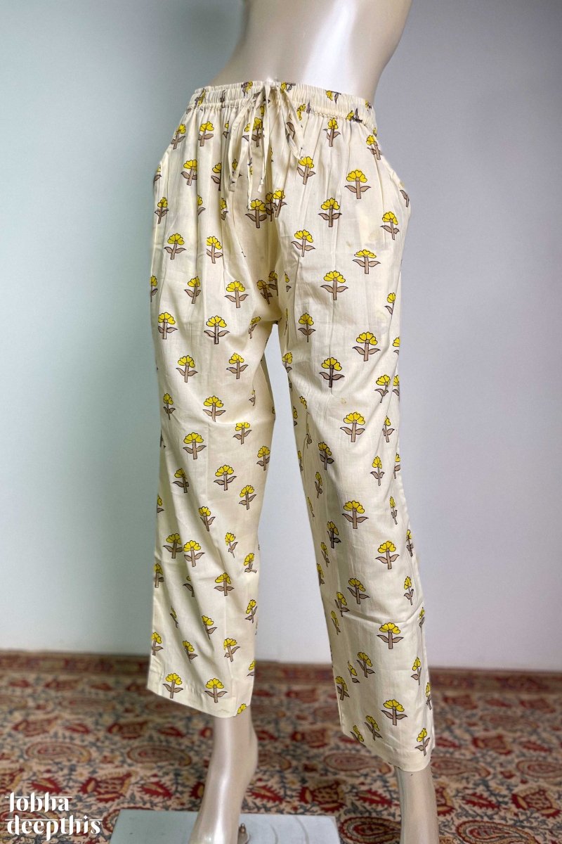 Yellow on Cream Sanganeri Florets Cotton Straight Pants - Lobha Deepthis