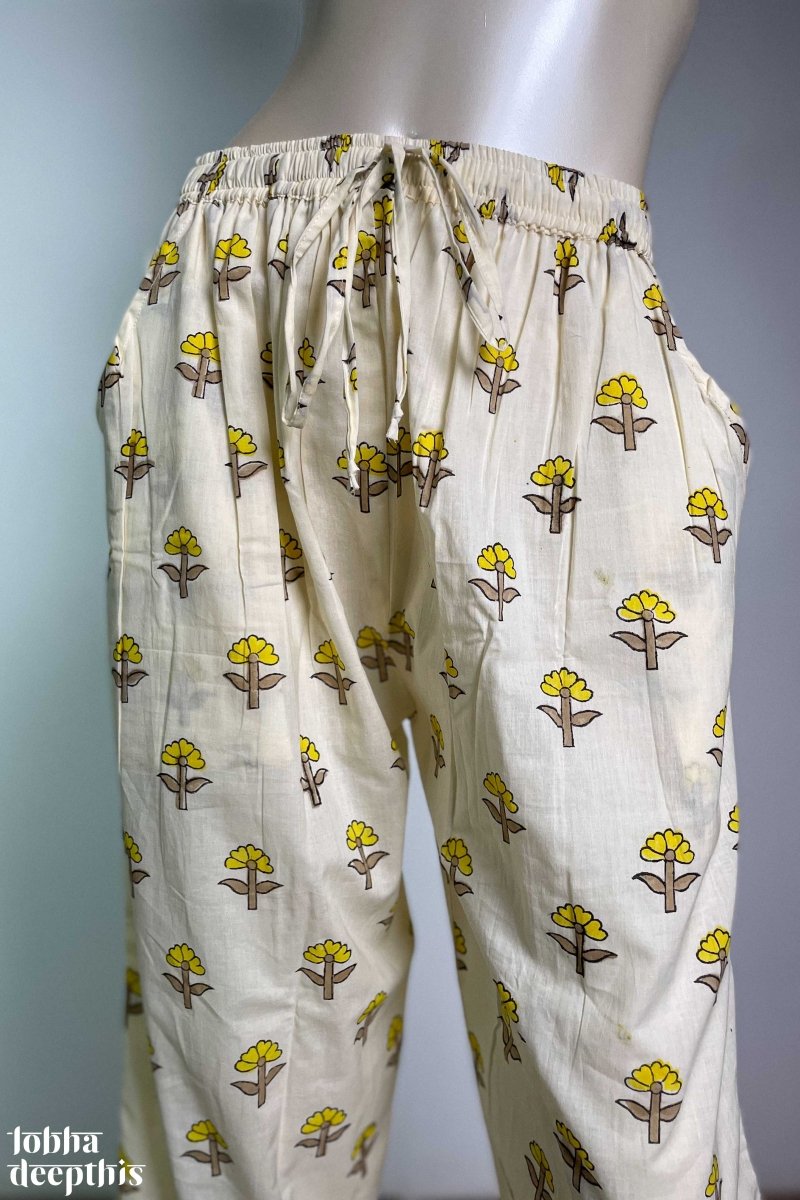 Yellow on Cream Sanganeri Florets Cotton Straight Pants - Lobha Deepthis
