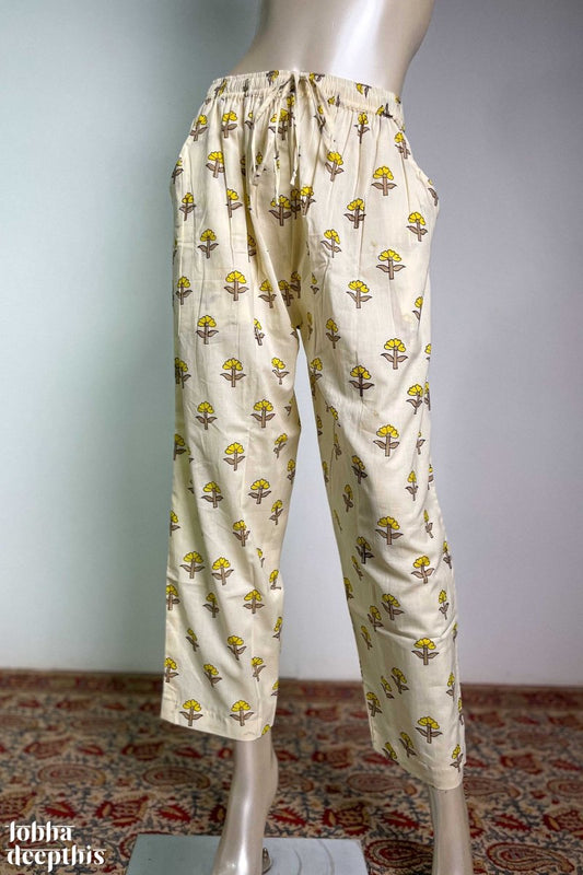 Yellow on Cream Sanganeri Florets Cotton Straight Pants - Lobha Deepthis