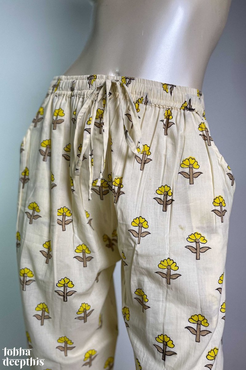 Yellow on Cream Sanganeri Florets Cotton Straight Pants - Lobha Deepthis