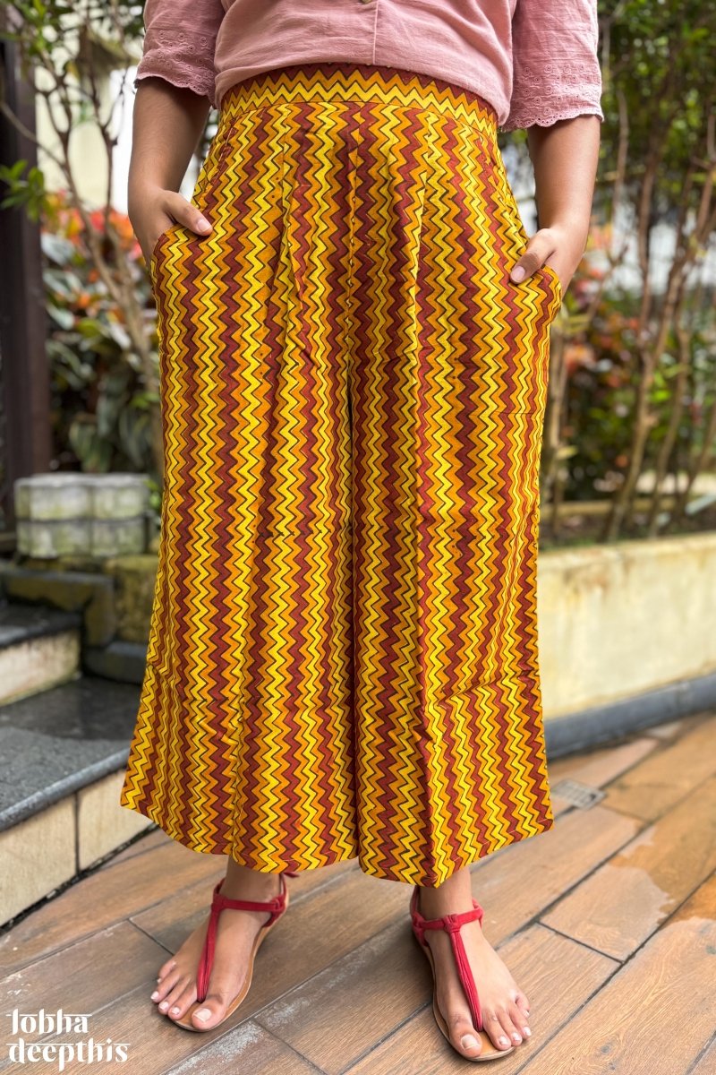 Yellow - Red Zig Zag Ajrakh Short Palazzo - Lobha Deepthis