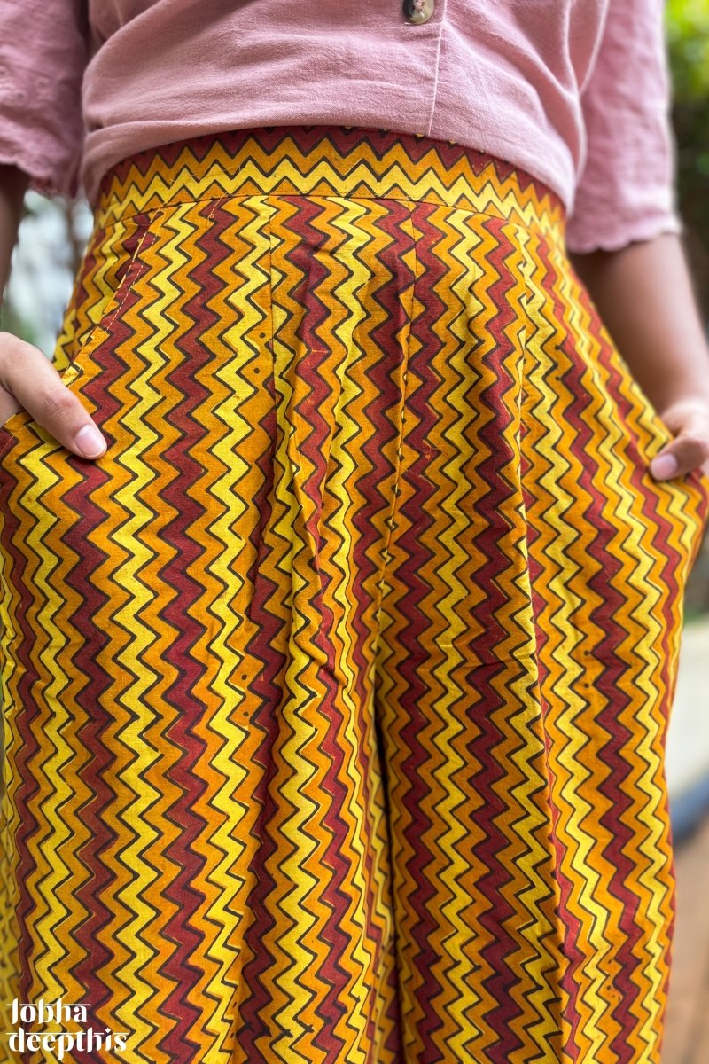 Yellow - Red Zig Zag Ajrakh Short Palazzo - Lobha Deepthis