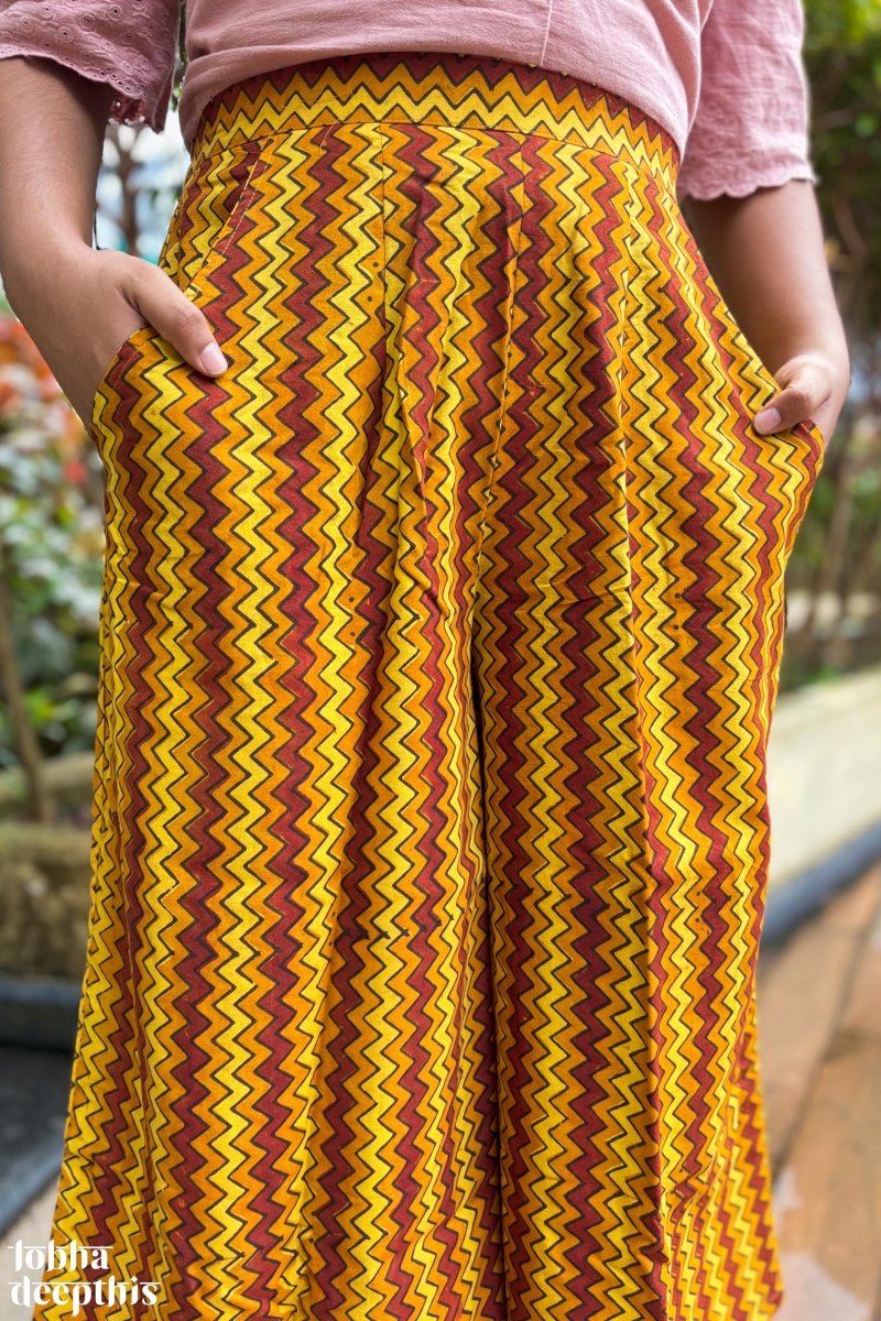 Yellow - Red Zig Zag Ajrakh Short Palazzo - Lobha Deepthis