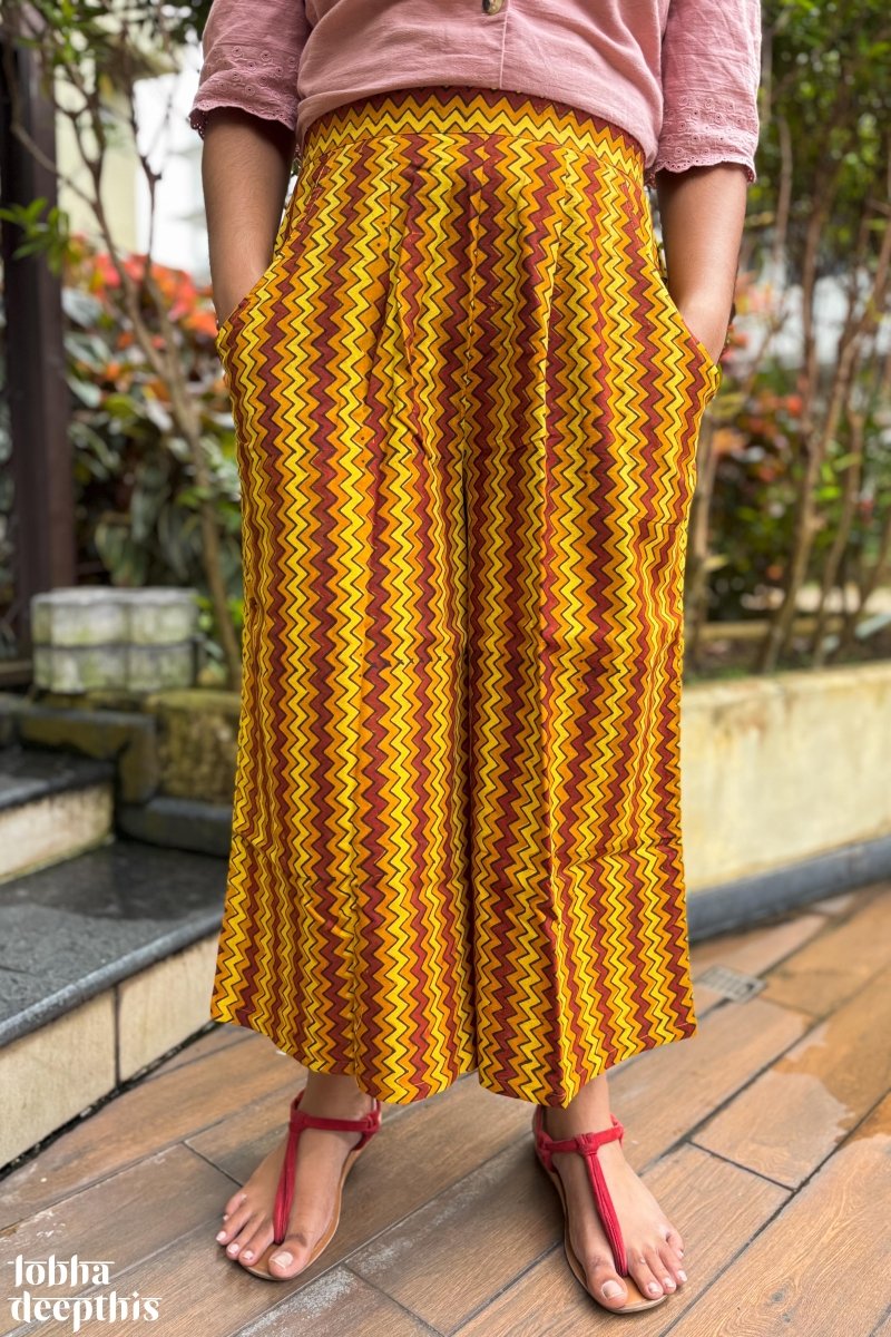 Yellow - Red Zig Zag Ajrakh Short Palazzo - Lobha Deepthis