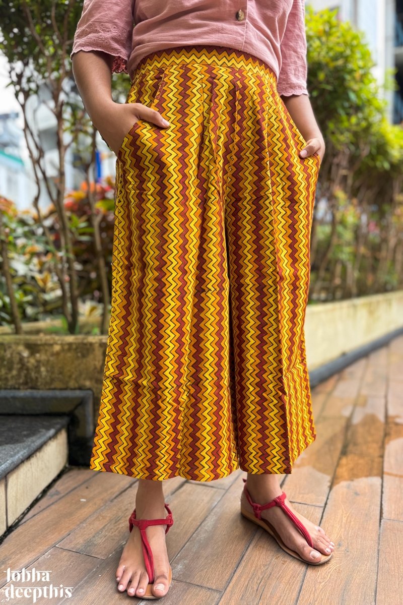 Yellow - Red Zig Zag Ajrakh Short Palazzo - Lobha Deepthis