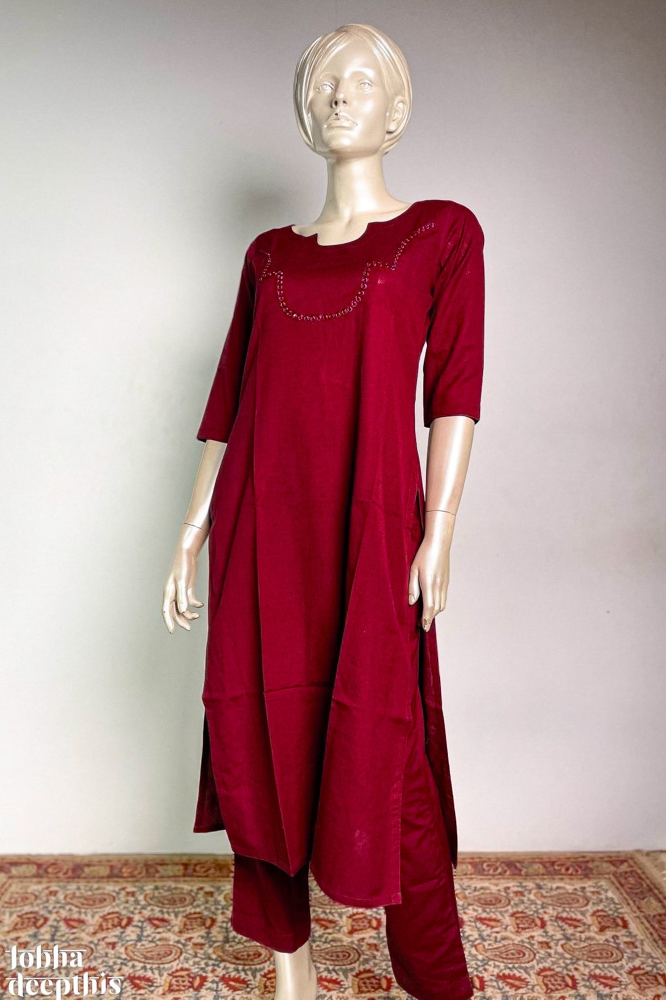Yoke Mirrorwork Maroon Cotton Kurta - Lobha Deepthis