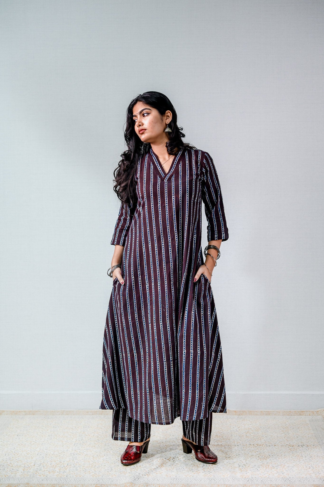 Zeraya Ajrakh Coffee Aline Kurta - Lobha Deepthis