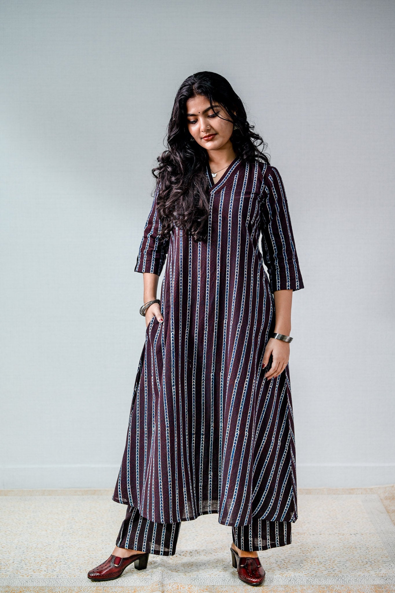 Zeraya Ajrakh Coffee Aline Kurta - Lobha Deepthis