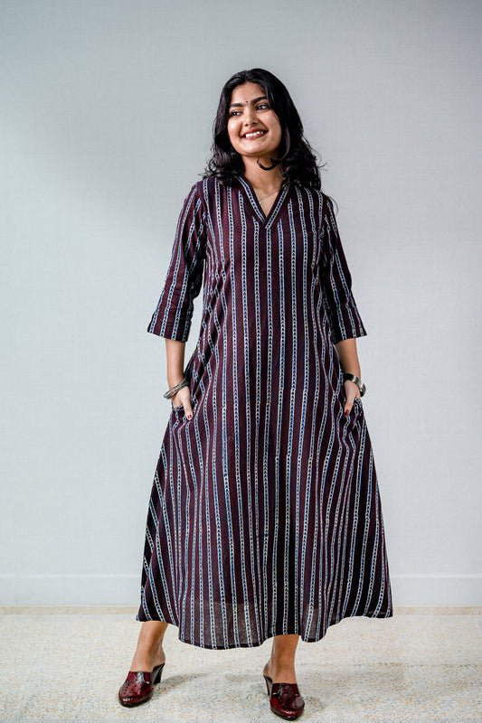 Zeraya Ajrakh Coffee Aline Kurta - Lobha Deepthis
