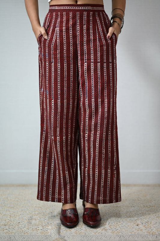 Zeraya Madder Red Ajrakh Parallel Pants - Lobha Deepthis