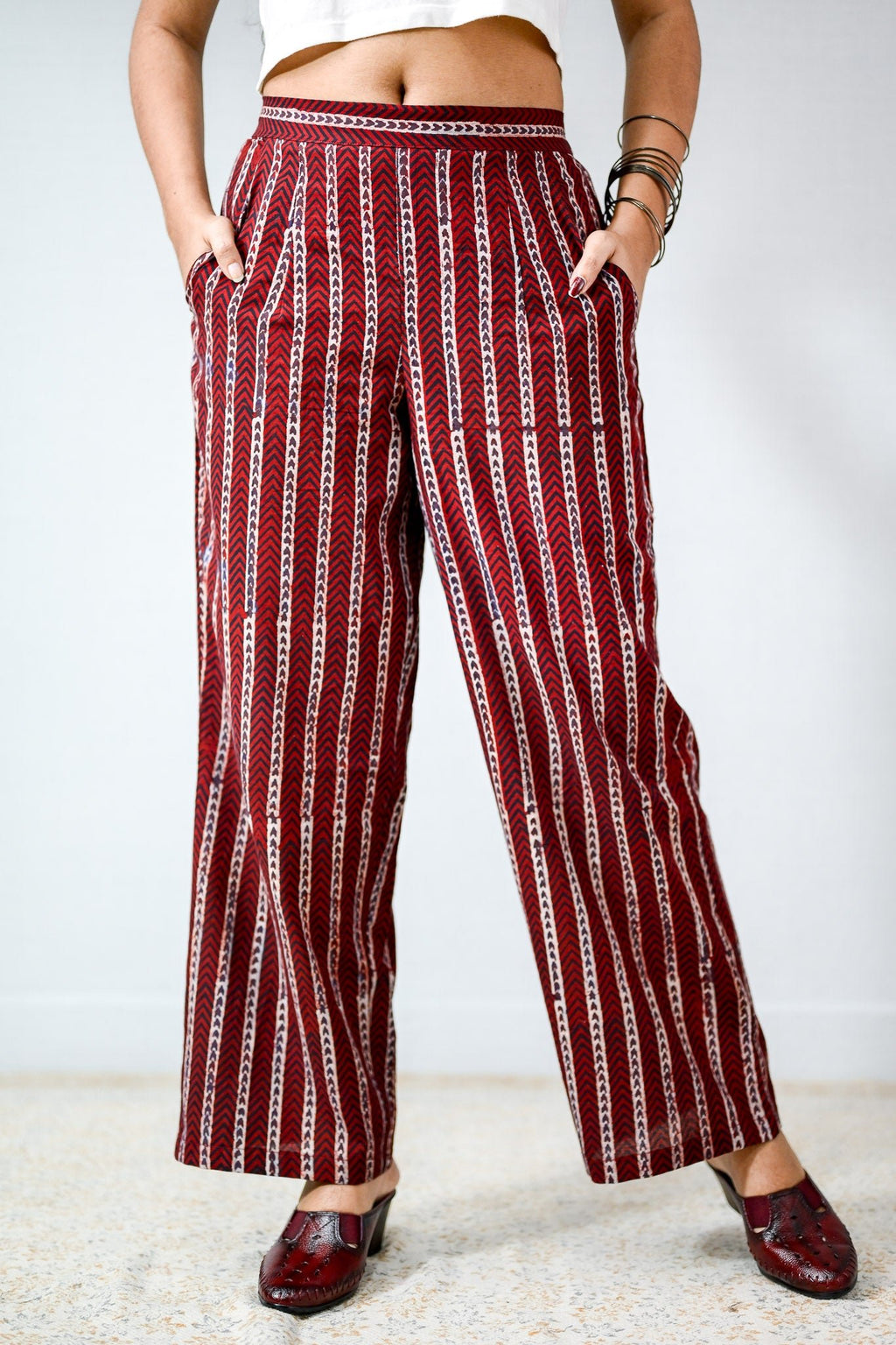 Zeraya Madder Red Ajrakh Parallel Pants - Lobha Deepthis