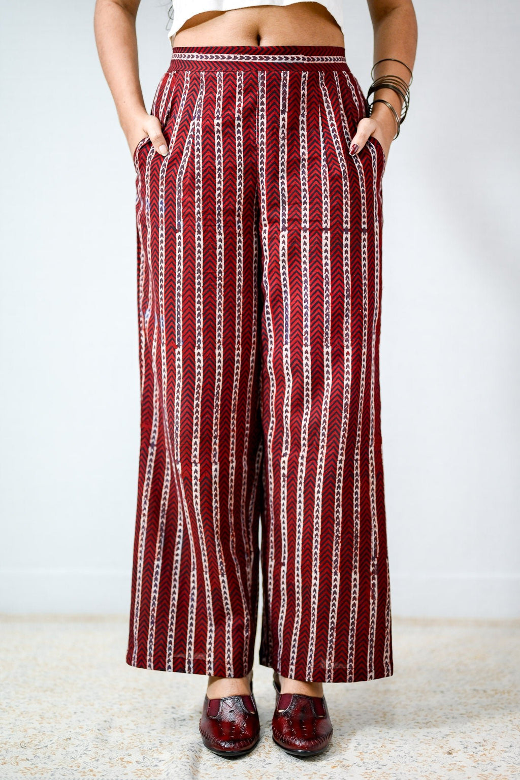 Zeraya Madder Red Ajrakh Parallel Pants - Lobha Deepthis
