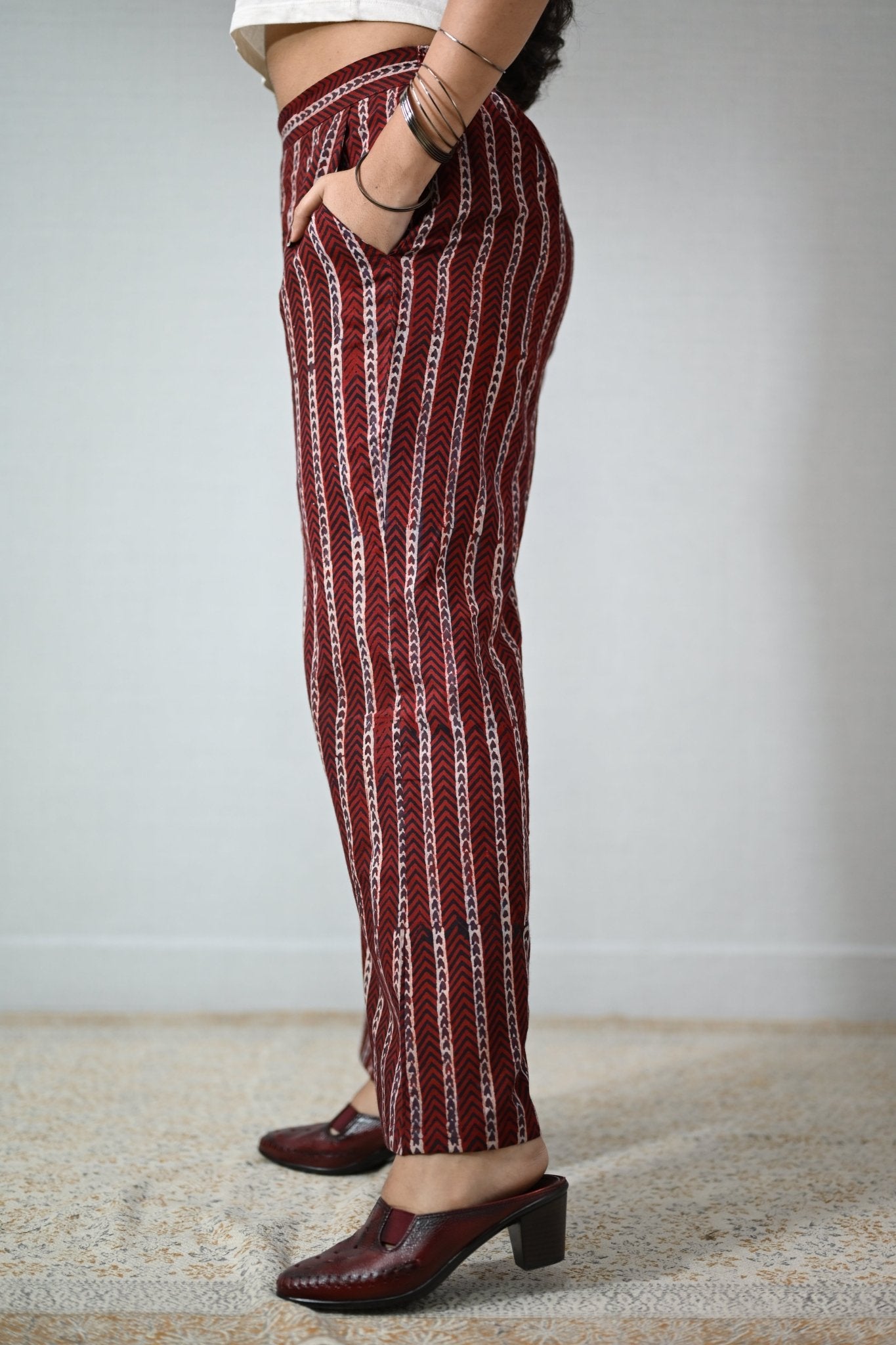 Zeraya Madder Red Ajrakh Parallel Pants - Lobha Deepthis