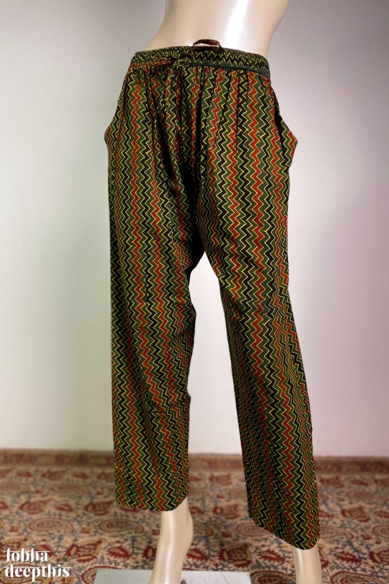 Zig Zag Bottle Green Cotton Straight Pants - Lobha Deepthis