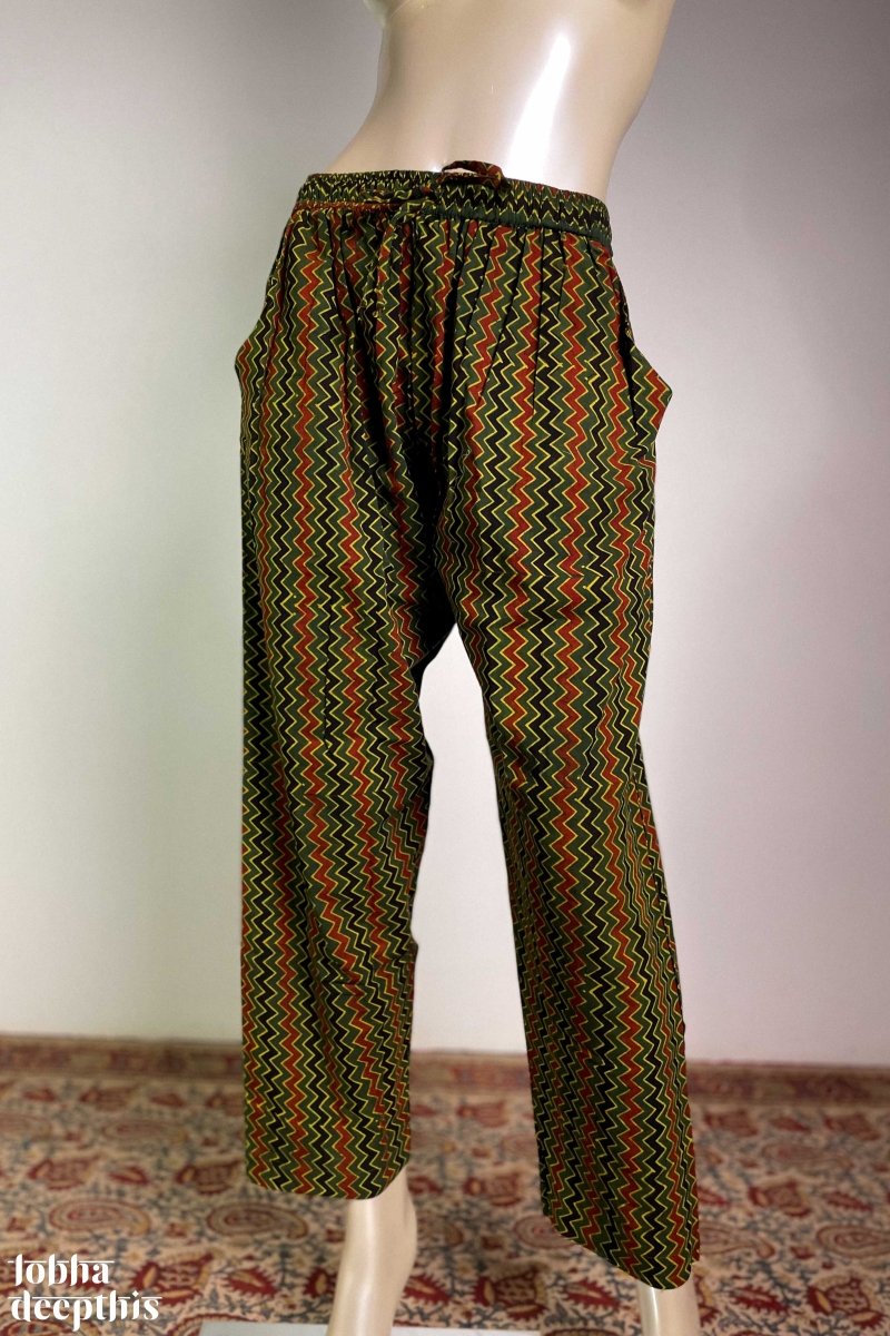 Zig Zag Bottle Green Cotton Straight Pants - Lobha Deepthis