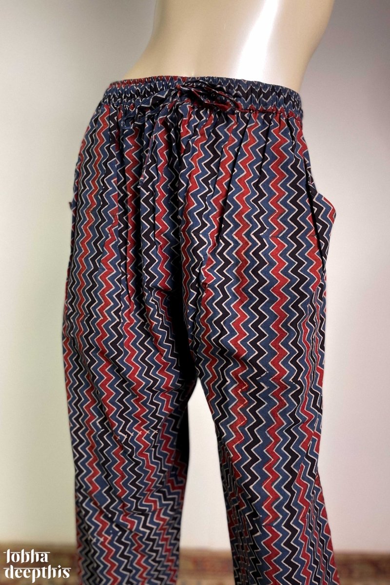 Zig Zag Indigo Ajrakh Cotton Straight Pants - Lobha Deepthis