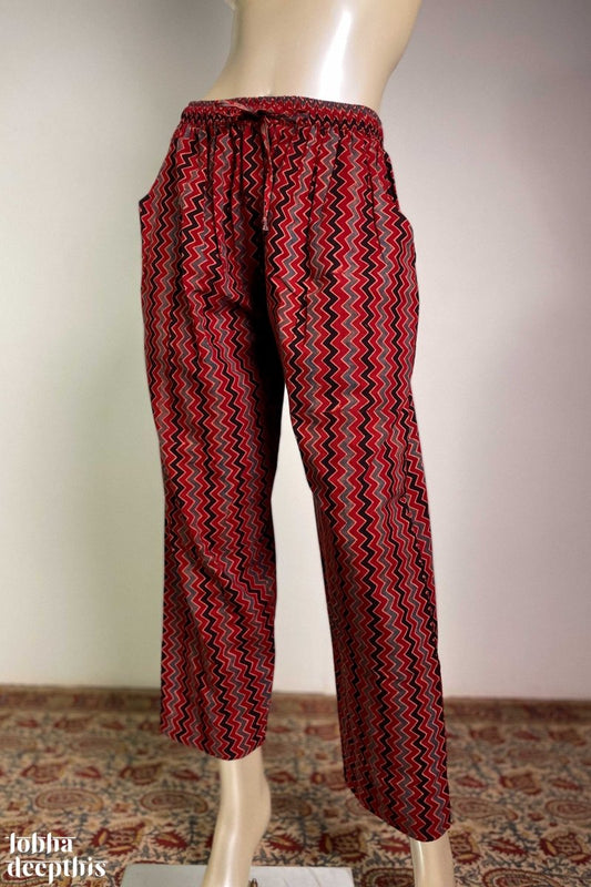 Zig Zag Madder Red Ajrakh Cotton Straight Pants - Lobha Deepthis