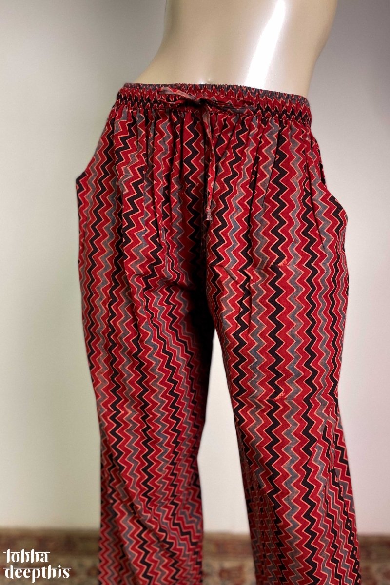 Zig Zag Madder Red Ajrakh Cotton Straight Pants - Lobha Deepthis