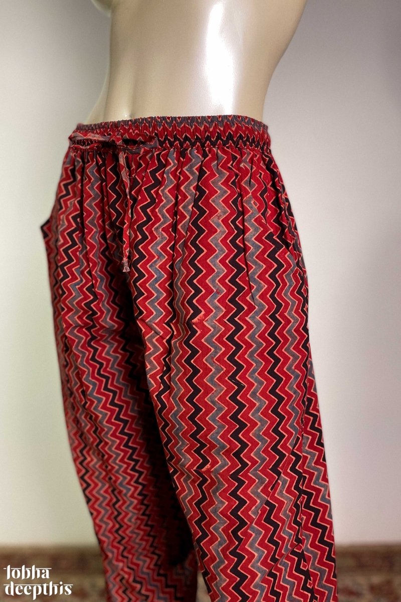 Zig Zag Madder Red Ajrakh Cotton Straight Pants - Lobha Deepthis