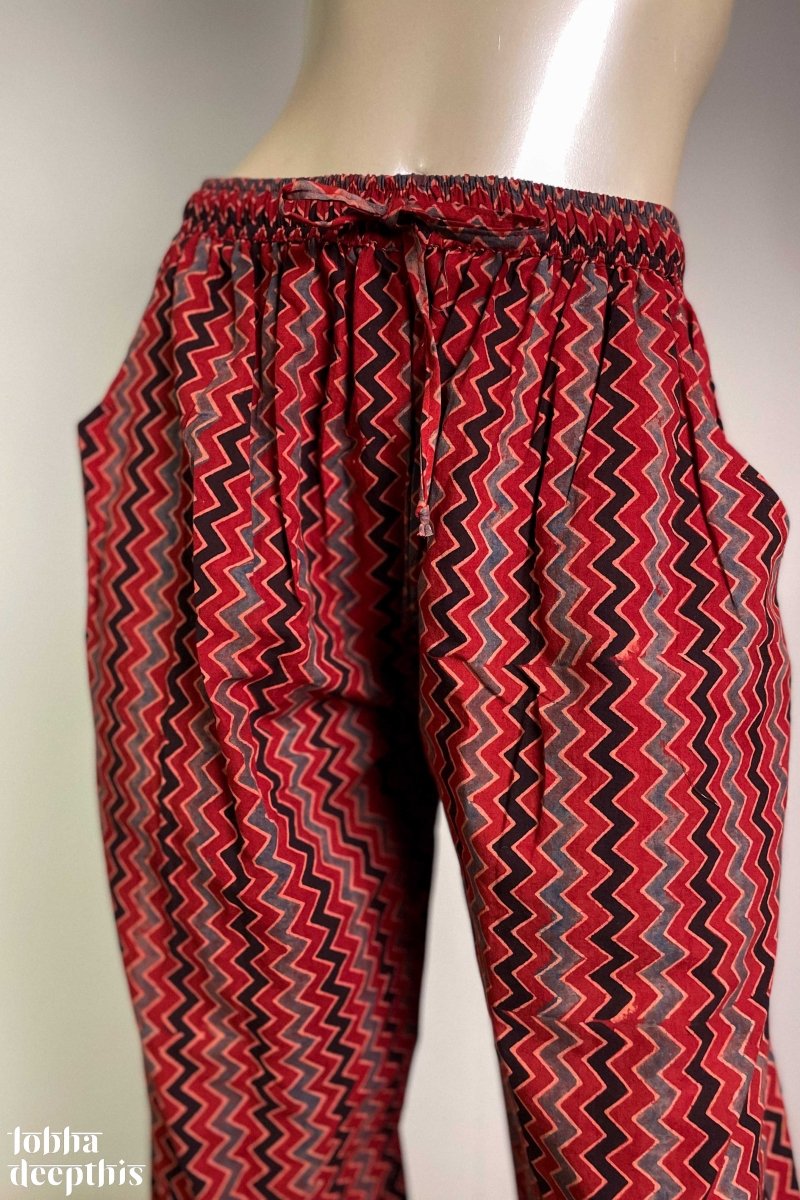 Zig Zag Madder Red Ajrakh Cotton Straight Pants - Lobha Deepthis