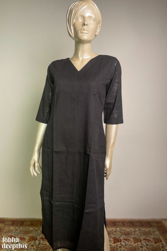 Aabhar: Pure Cotton Black V Neck Kurta - Lobha Deepthis