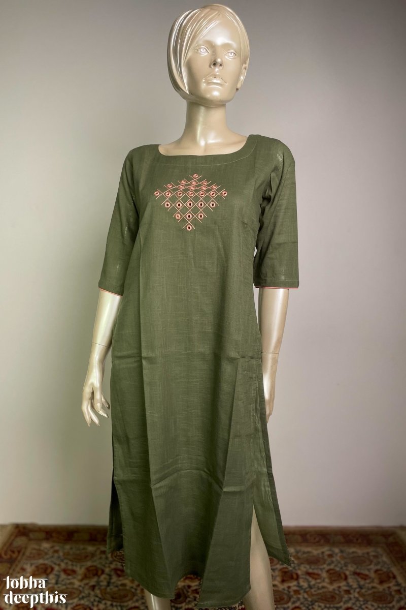 Aabhar: Pure Cotton Mirror Work Green Kurta- Lobha Deepthis