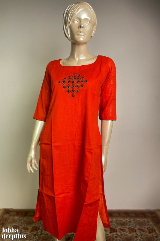 Aabhar: Pure Cotton Mirror Work Orange Kurta - Lobha Deepthis