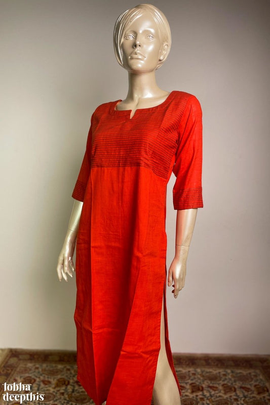 Aabhar: Pure Cotton Orange Kantha Embroidery Kurta - Lobha Deepthis