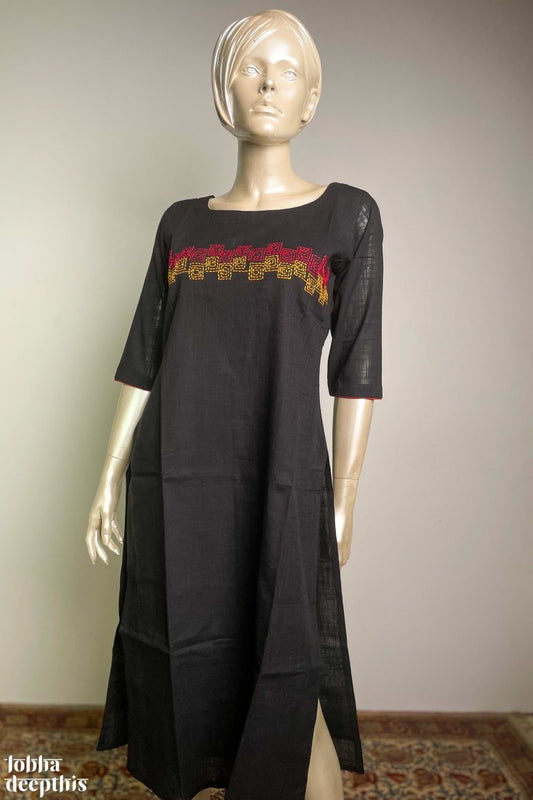 Aabhar: Pure Cotton Special Thread Work Black Kurta - Lobha Deepthis