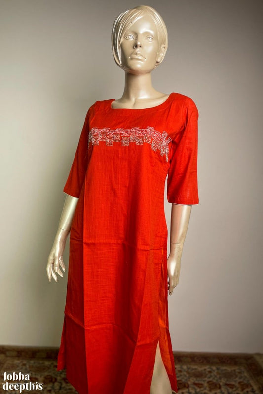 Aabhar: Pure Cotton Special Thread Work Orange Kurta - Lobha Deepthis