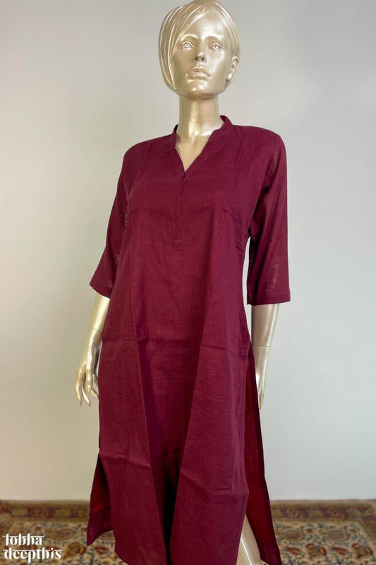 Aabhar: Pure Cotton Wine Half Collar Kurta - Lobha Deepthis