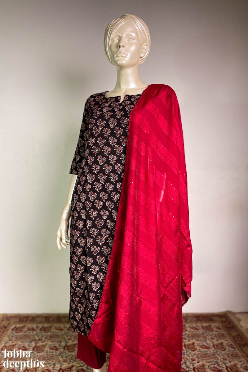 Ajrakh Florets on Black Straight Kurta - Lobha Deepthis