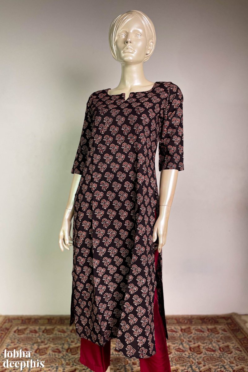 Ajrakh Florets on Black Straight Kurta - Lobha Deepthis