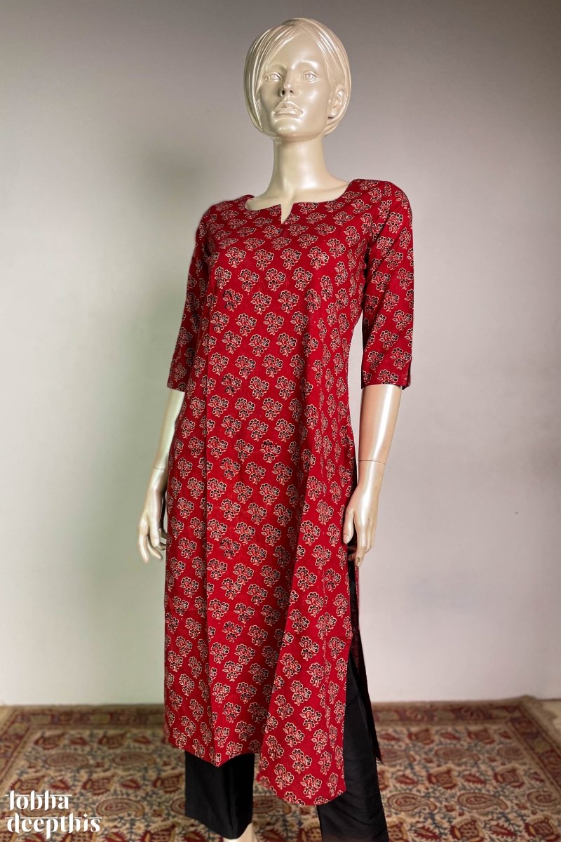 Ajrakh Florets on Madder Straight Kurta - Lobha Deepthis