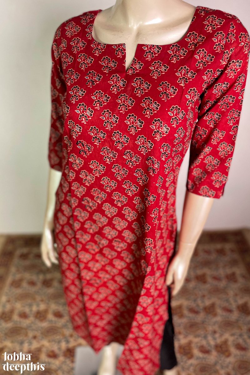 Ajrakh Florets on Madder Straight Kurta - Lobha Deepthis