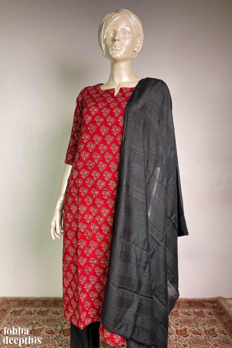 Ajrakh Florets on Madder Straight Kurta - Lobha Deepthis