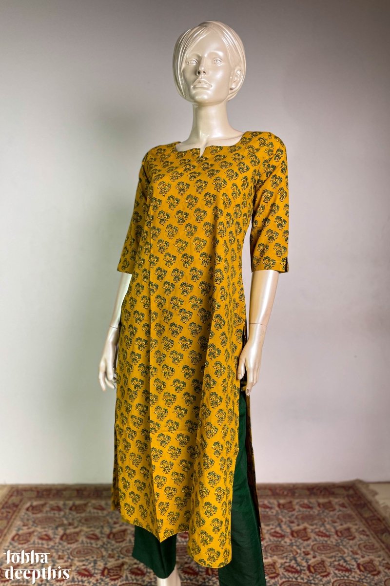 Ajrakh Florets on Turmeric Straight Kurta - Lobha Deepthis