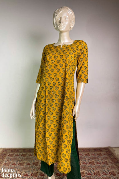 Ajrakh Florets on Turmeric Straight Kurta - Lobha Deepthis