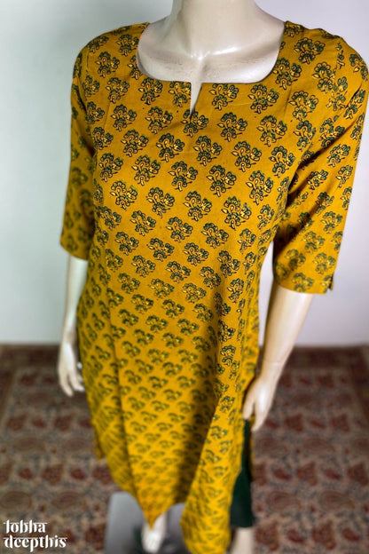 Ajrakh Florets on Turmeric Straight Kurta - Lobha Deepthis