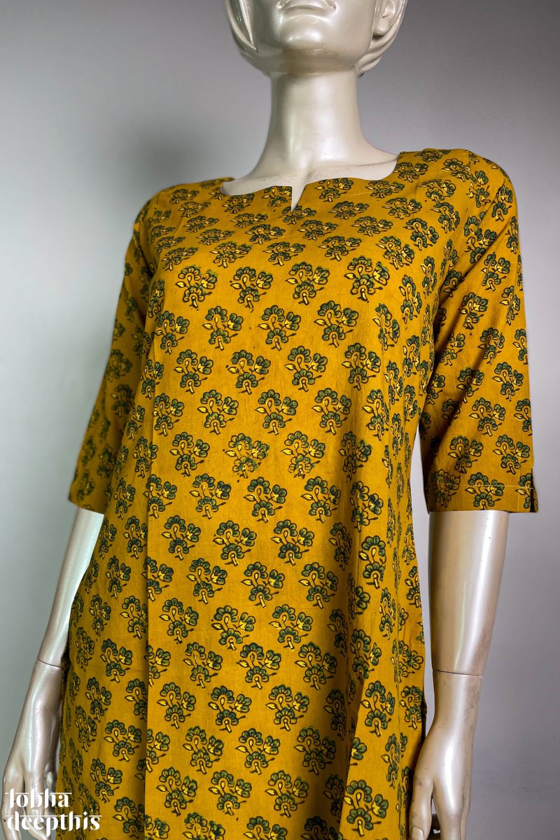 Ajrakh Florets on Turmeric Straight Kurta - Lobha Deepthis