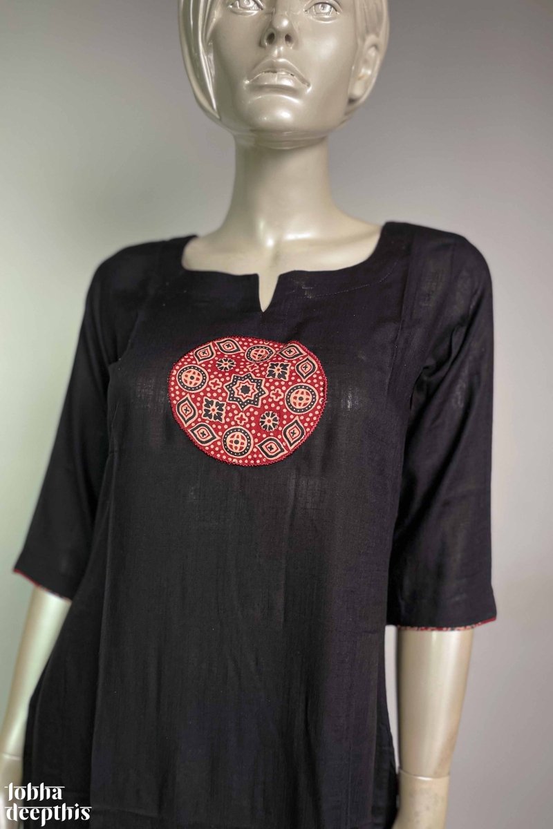 Ajrakh Mandala: Simple Cotton Patch on Black Rayon Kurta- LobhaDeepthis –  Lobha Deepthis