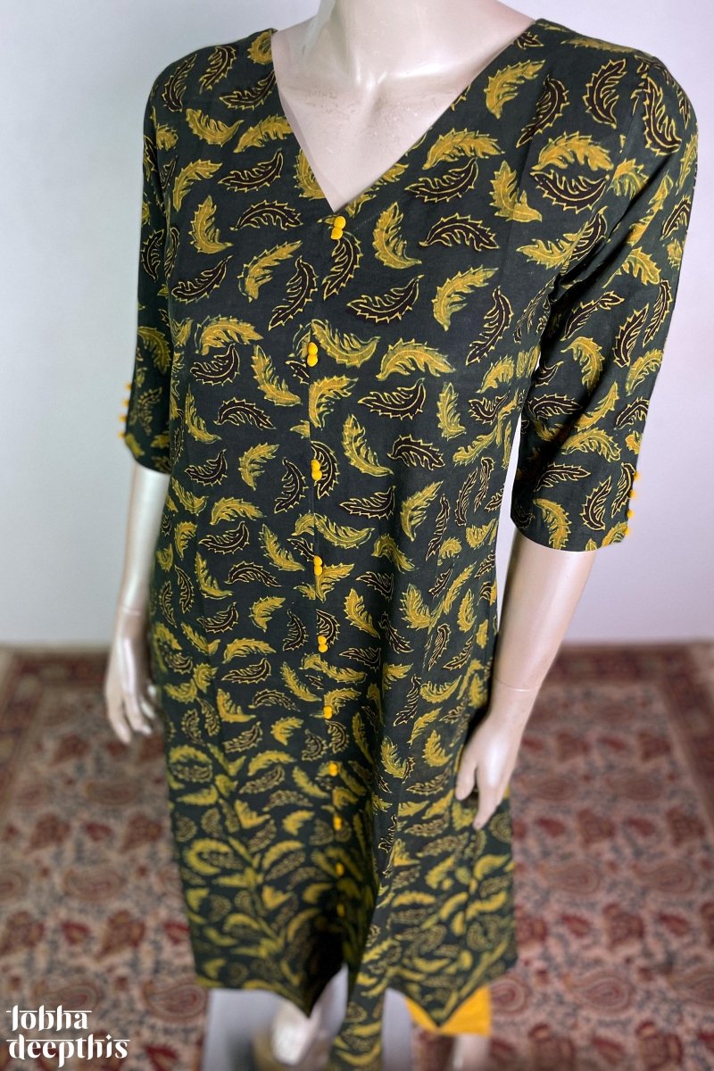 Ajrakh Neem Leaves Green Aline Kurta - Lobha Deepthis